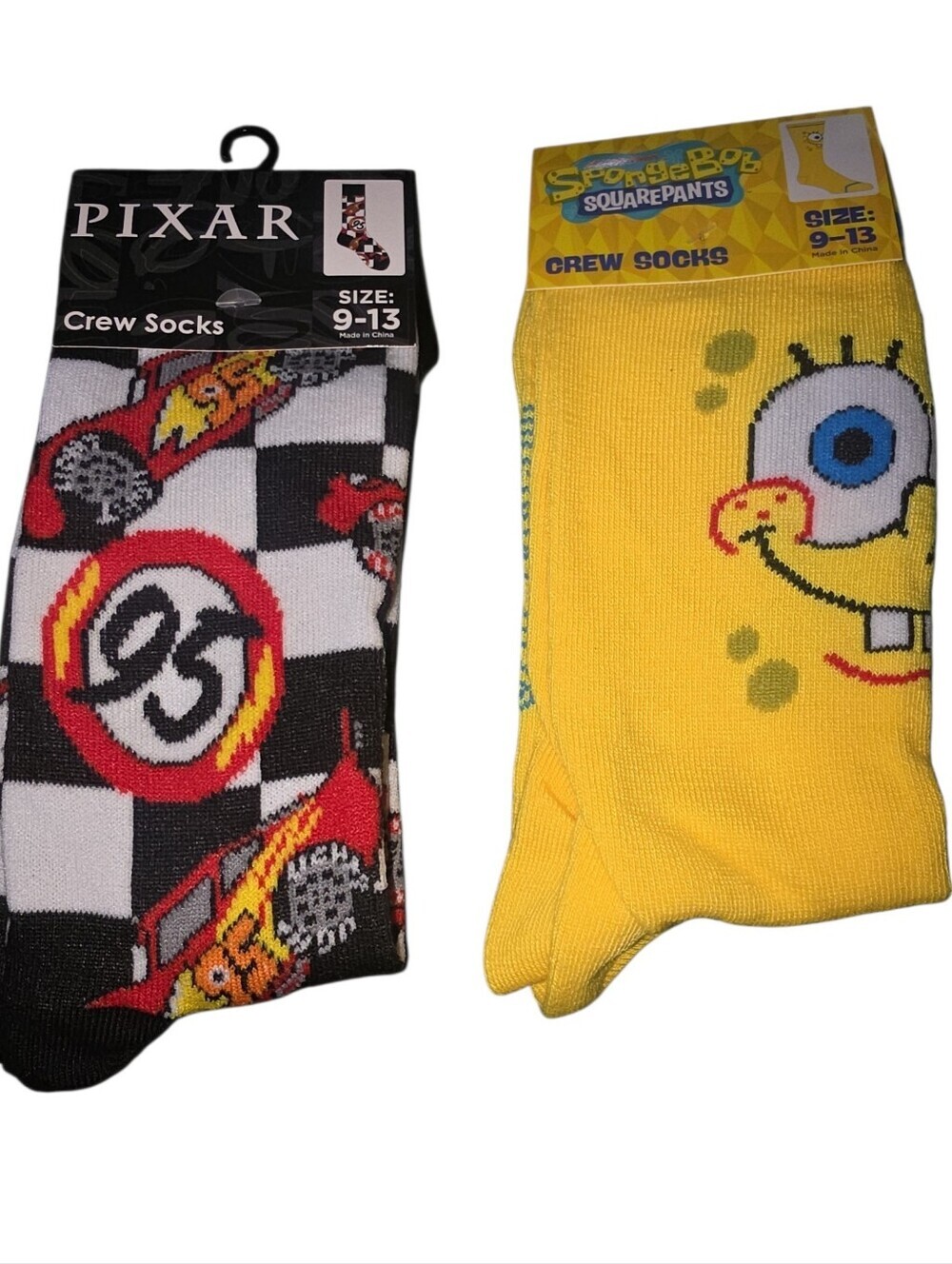 Licensed SpongeBob SquarePants And Lightning McQueen Crew Socks. NWT SIZE 9-13